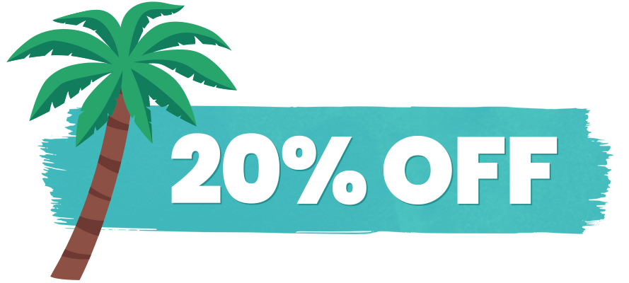 30% off banner next to a palm tree illustration.
