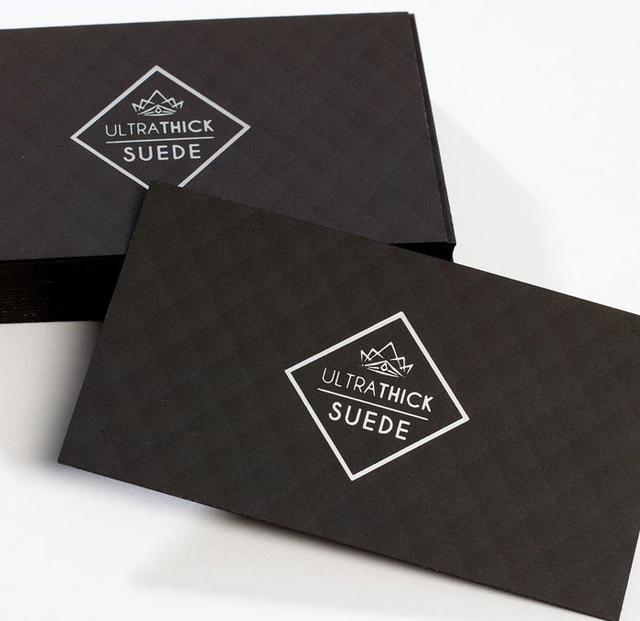 Ultra thick suede business cards printed on 34pt soft touch laminated card stock