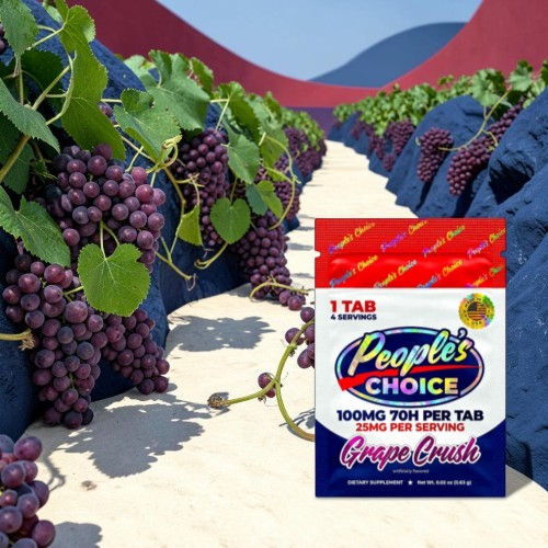Grapes with a package of People's Choice grape tabs in a vineyard.