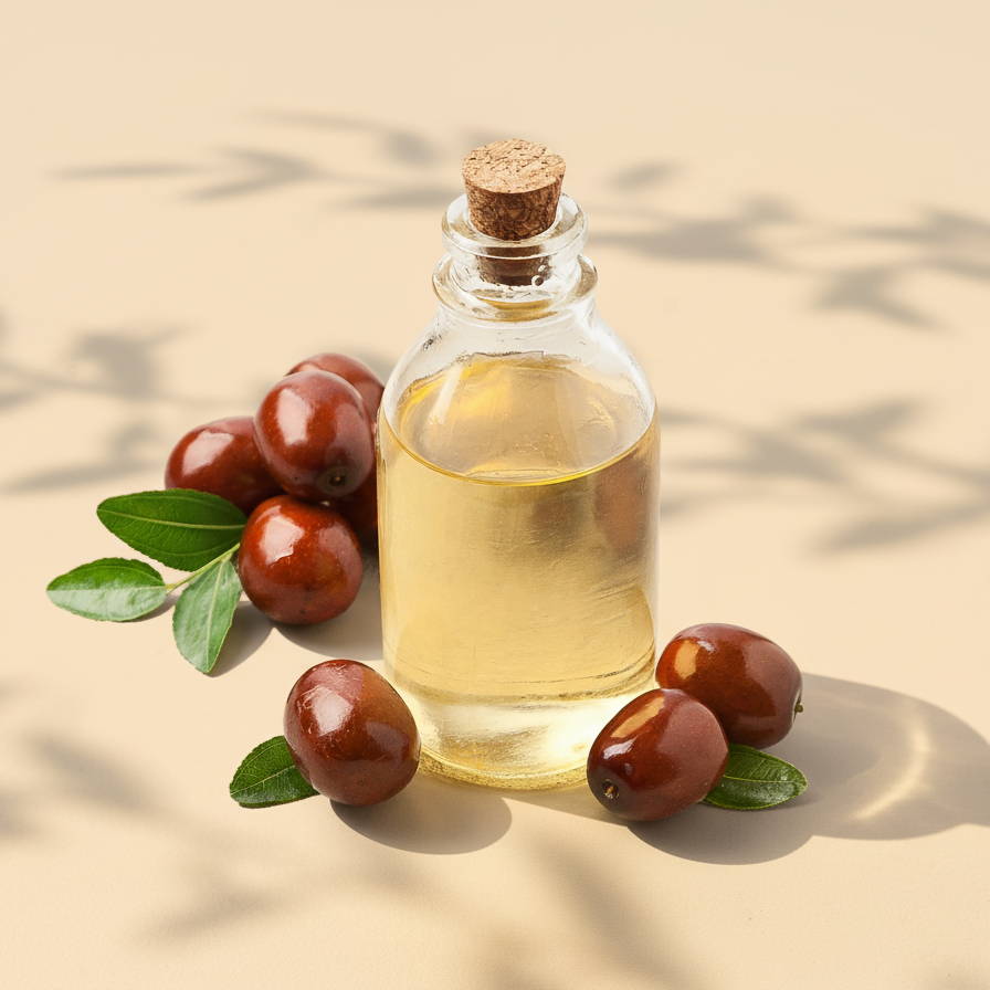 Bottle of oil surrounded by brown nuts and green leaves.