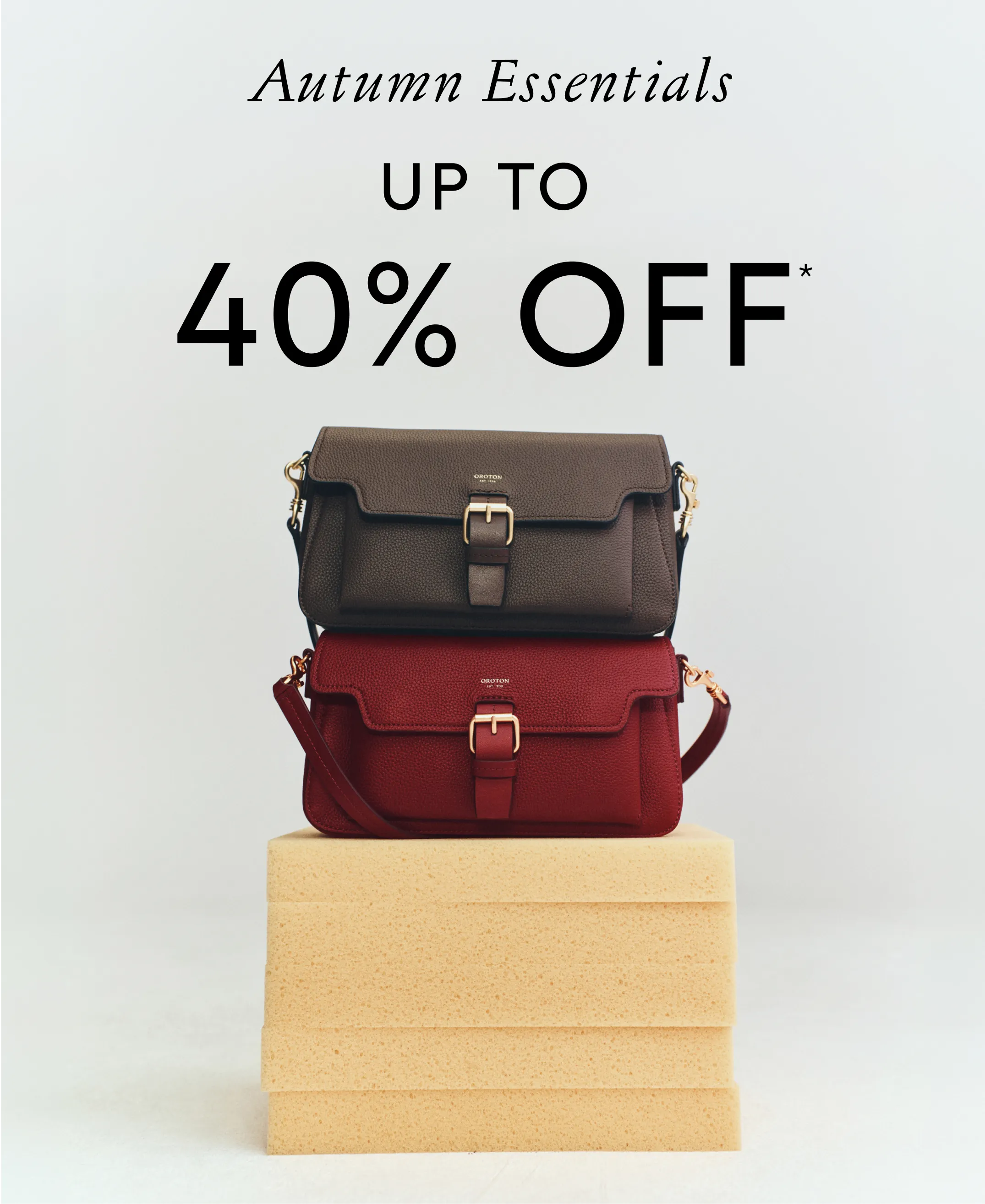 A stack of bags with a discount announcement for autumn essentials.