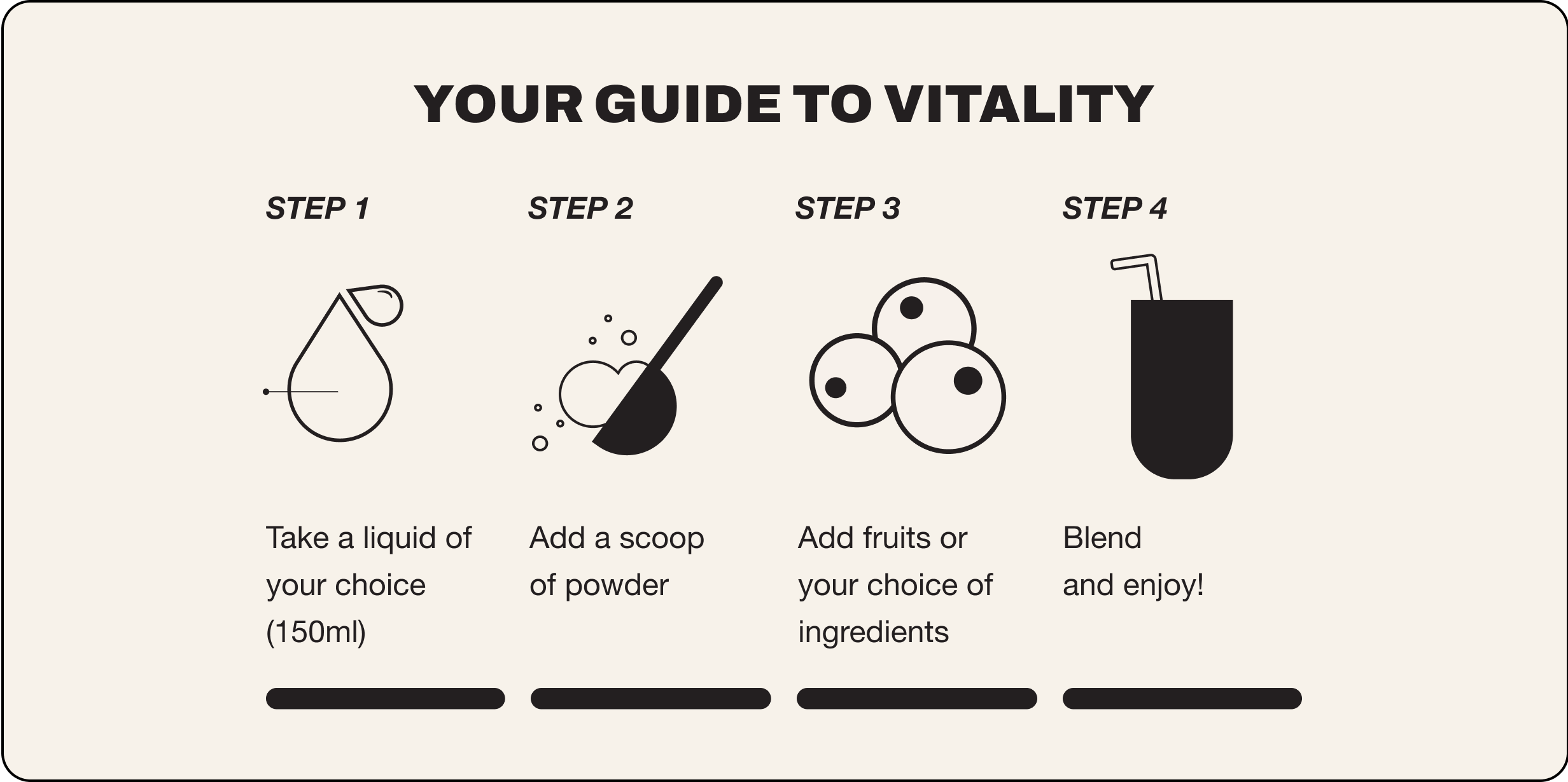 Your guide to Vitality. Step 1: Take a liquid of your choice (150ml). Step 2: Add a scoop of powder. Step 3: Add fruits or your choice of ingredients. Step 4: Blend and enjoy!