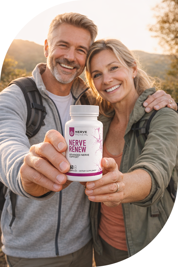 Couple holding Nerve Renew supplement while smiling outdoors.