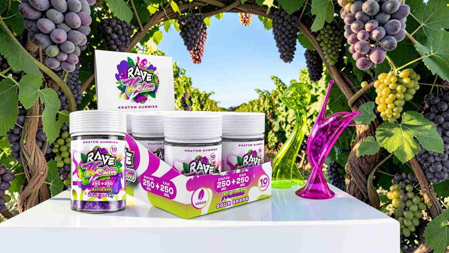 Jars of grape-flavored product displayed among grapevines with a colorful background.