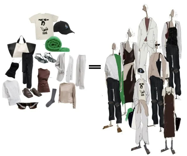 Clothing items and outfits displayed on mannequins and laid out.
