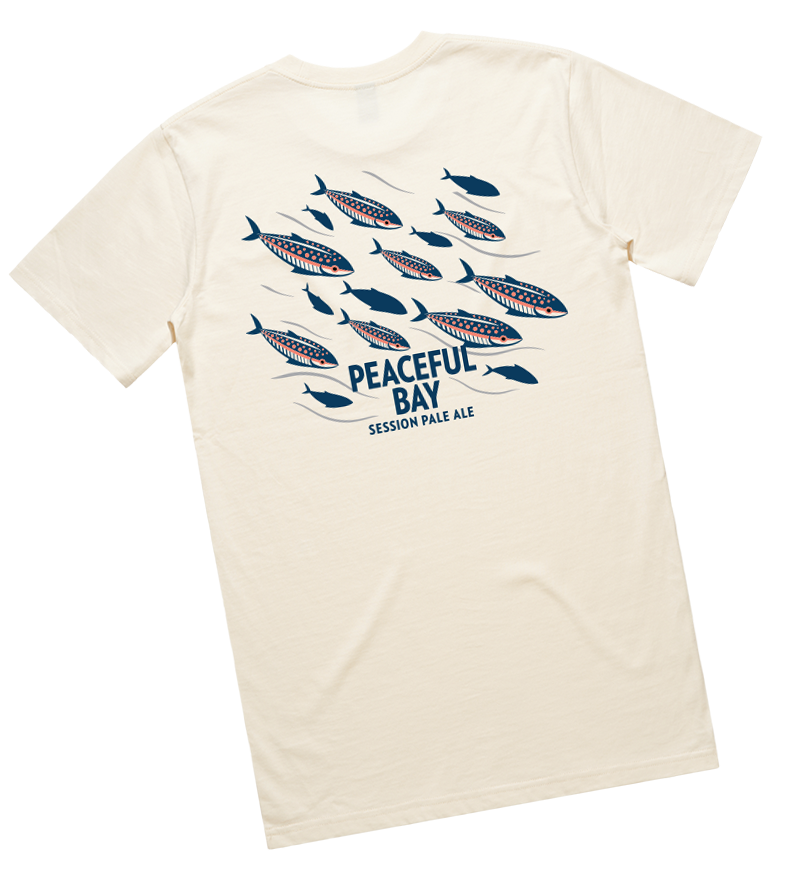 Cream Boston Brewing Co. t-shirt screen printed with the Peaceful Bay Session Pale Ale fish themed design