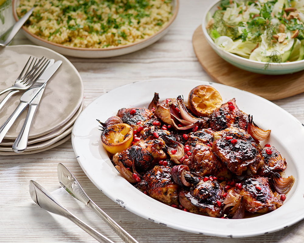 Pomegranate roasted chicken thighs, fennel herb salad