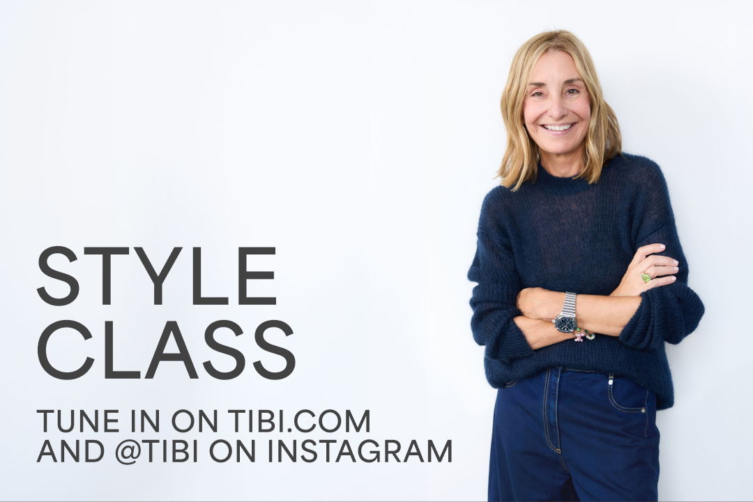 Woman smiling in a sweater, promoting a style class on Tibi.com and Instagram.
