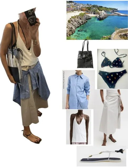 Fashion collage featuring swimwear, clothing, accessories, and a beach view.