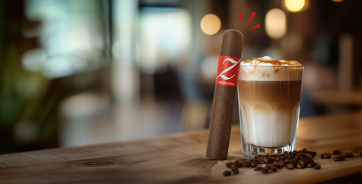  Zino Honduras-Zigarre, angelehnt an ein Glas Latte Macchiato. 