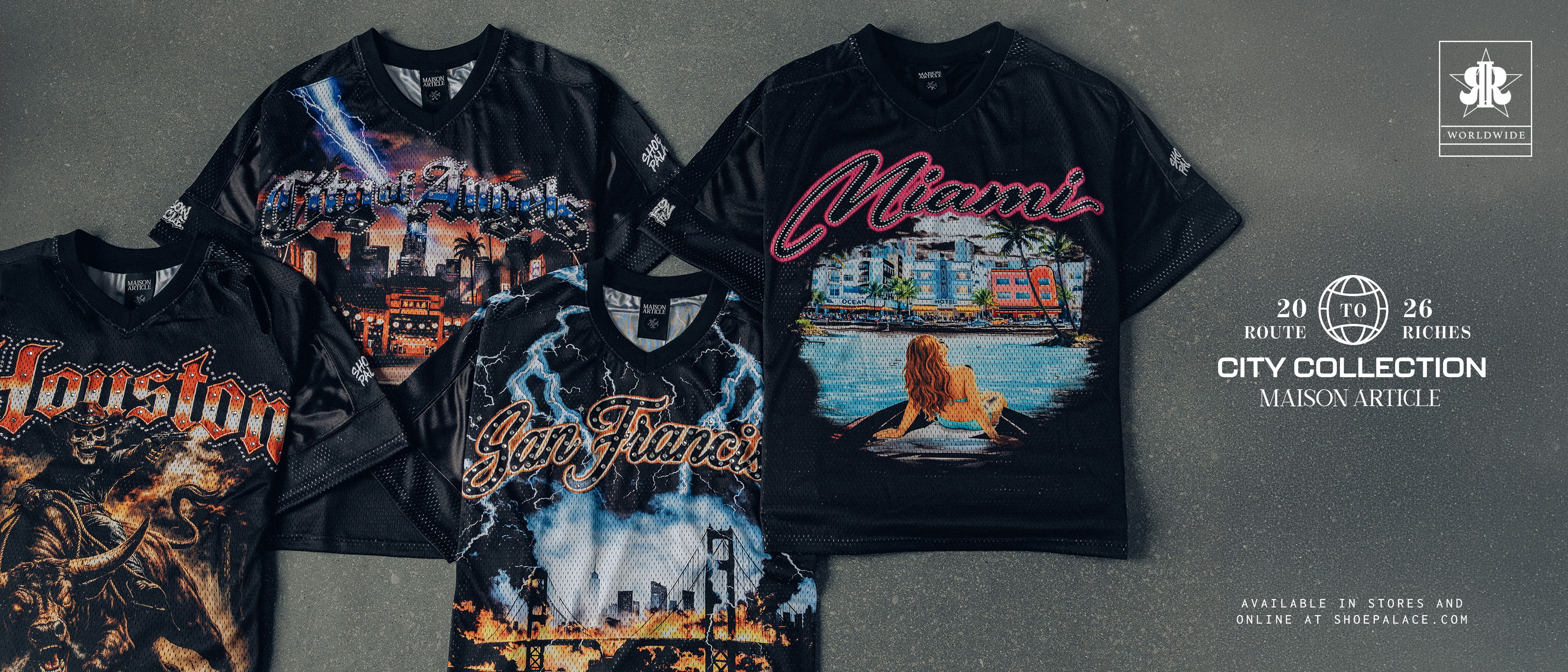 Four graphic t-shirts displayed on a flat surface.