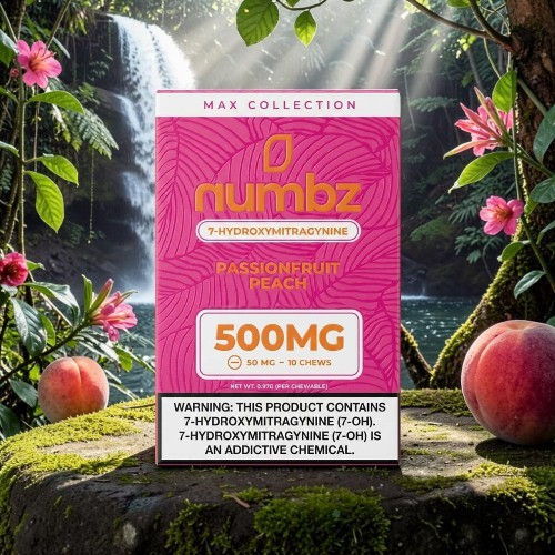 Packaging of Numbz product, flavored peach, 500mg dosage, surrounded by tropical plants.