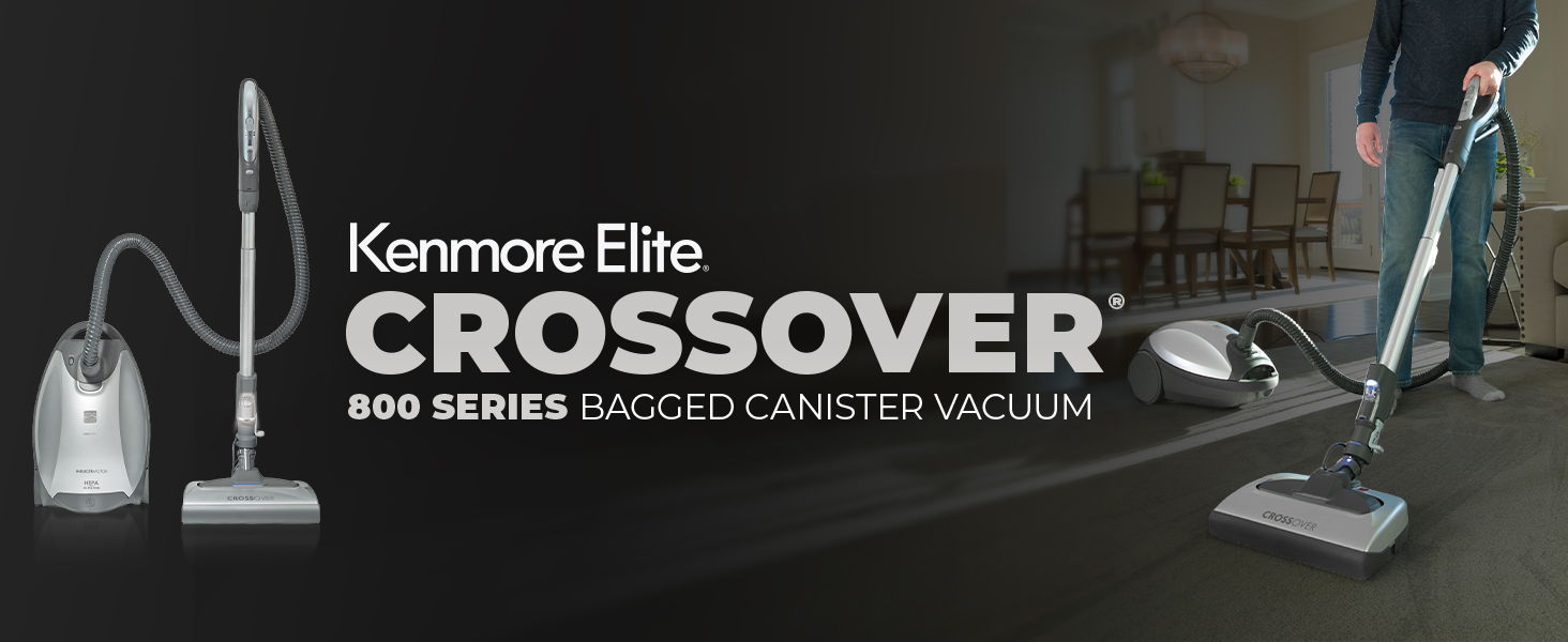 Kenmore Elite Crossover vacuum cleaner advertisement with man using it.