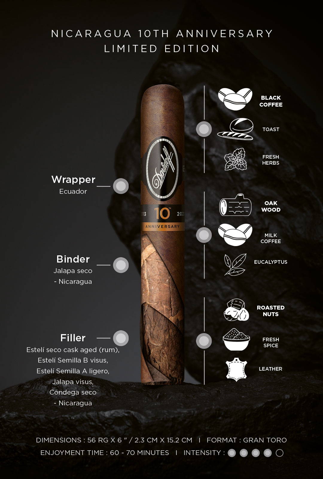 Taste Banner of the Davidoff Nicaragua 10th Anniversary Limited Edition gran toro cigar including aromas, enjoyment time, dimensions, format and intensity.