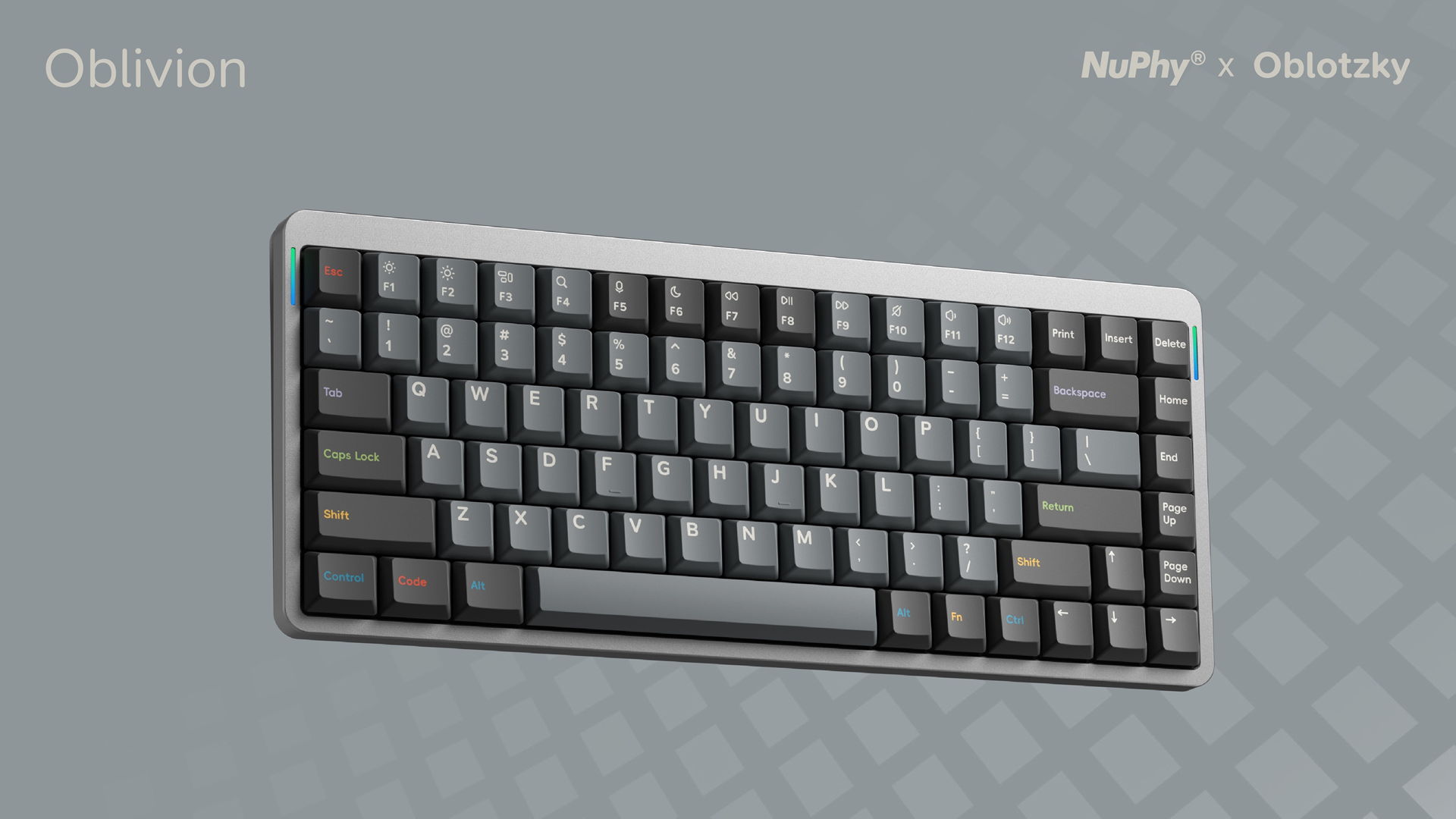 NuPhy Oblivion — teclas cinza com acentos verde, azul e laranja