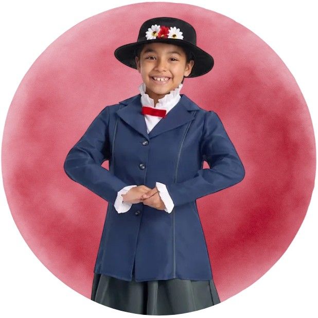 A pink circle with a girl wearing our Musical Nanny Costume. Click to shop all Girls Book Week Costumes.