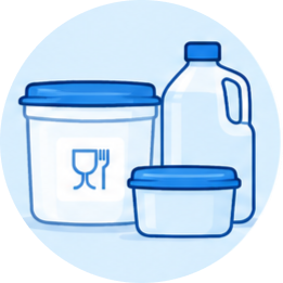 Containers with blue lids, including a jug and two food storage boxes.