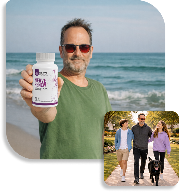Man holding a supplement bottle at the beach, with a family walking a dog.