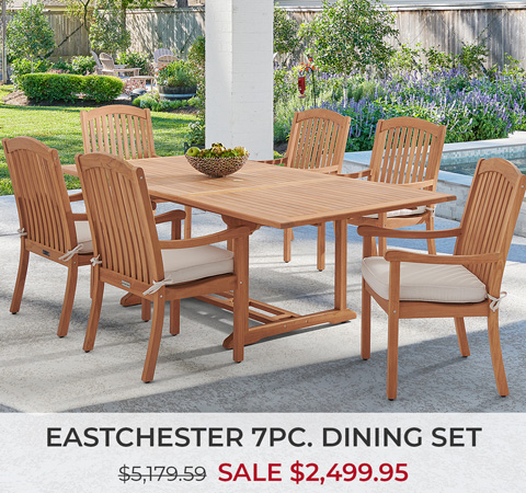 Outdoor dining set with six chairs and a rectangular table. Sale price displayed.