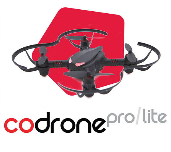 CoDrone Pro and Lite with red branding blob and logo