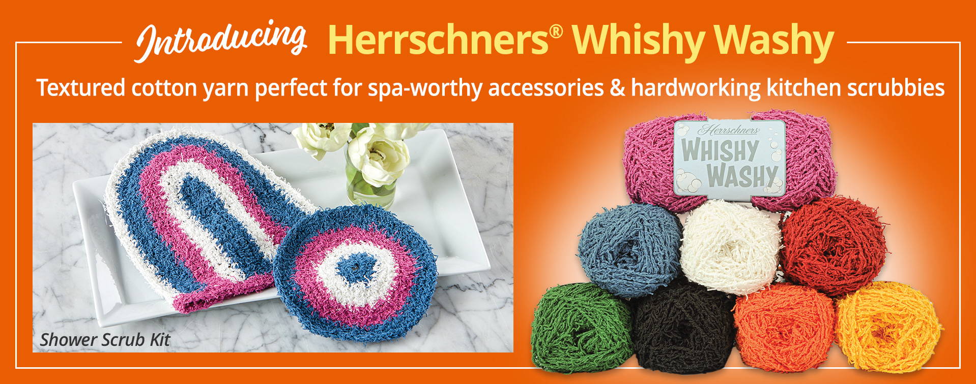 Introducing Herrschners Whishy Washy™ Textured cotton yarn perfect for spa-worthy accessories and hardworking kitchen scrubbies.