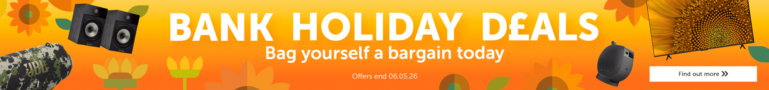 Bank holiday deals banner with promotional text and colorful background.