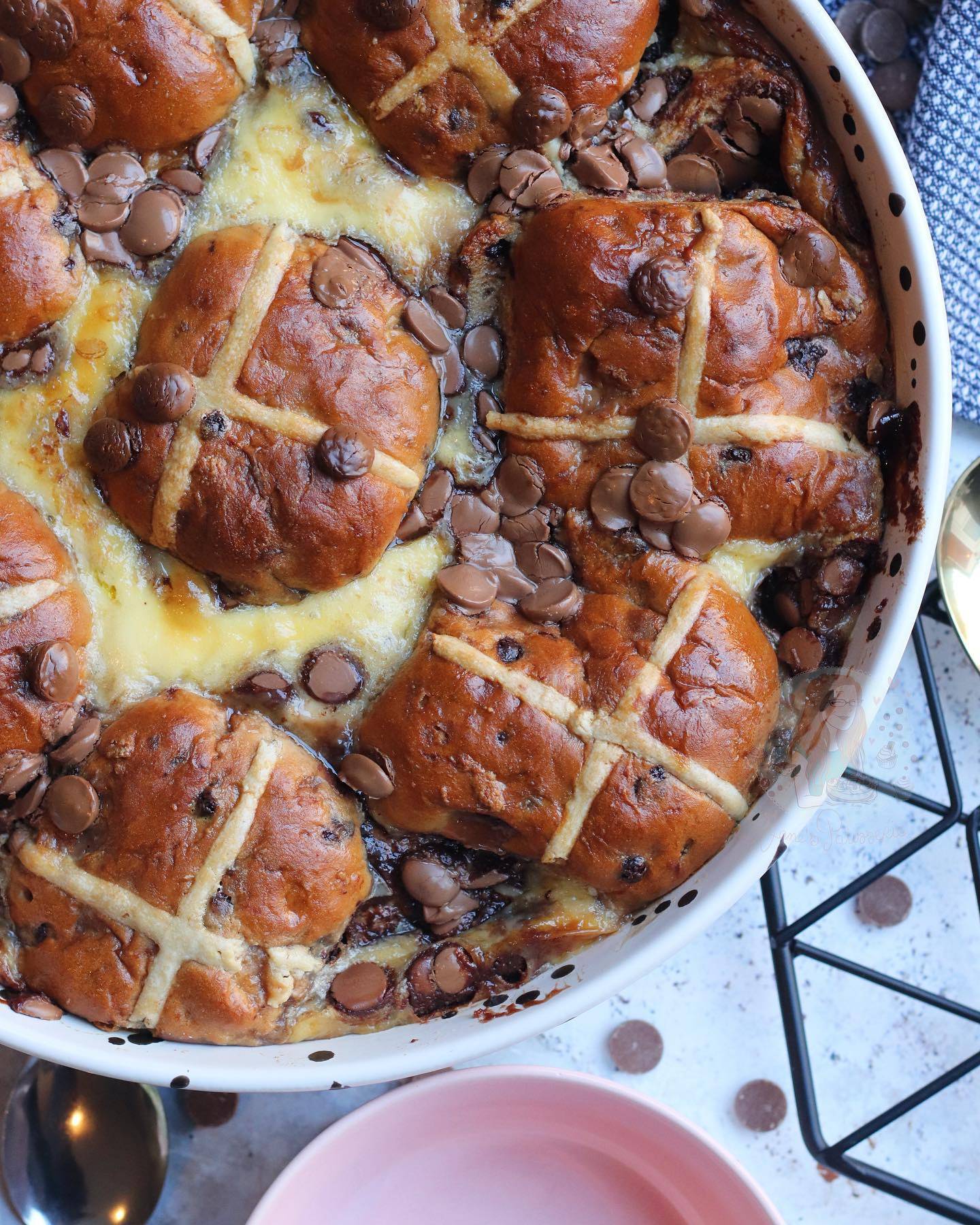 Brioche hot cross buns bread and butter pudding. 