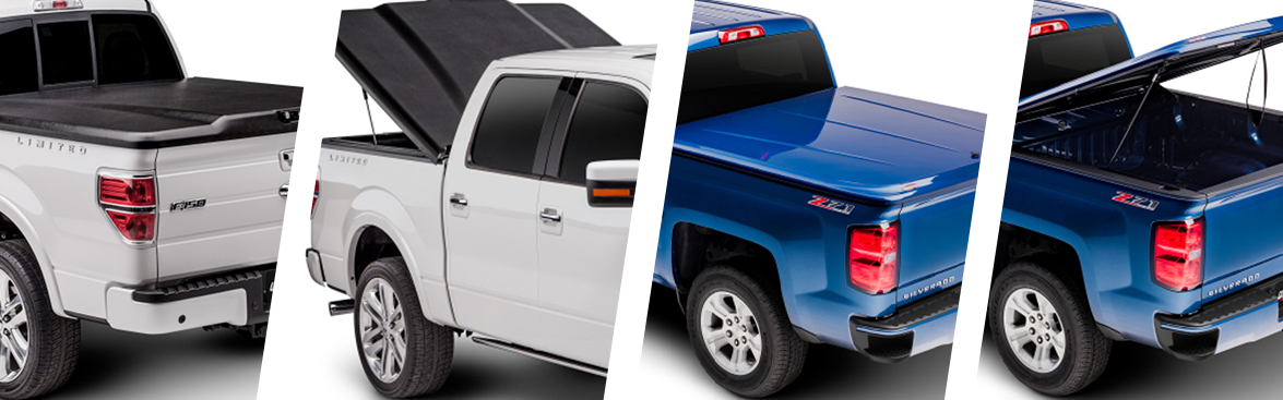 Photo collage of hinged tonneau covers for trucks.