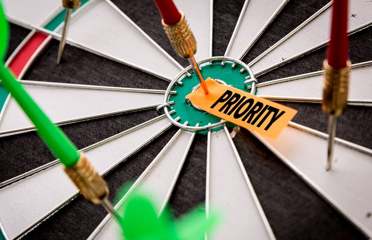 Dart Board with dart hitting bullseye with Priority in the center