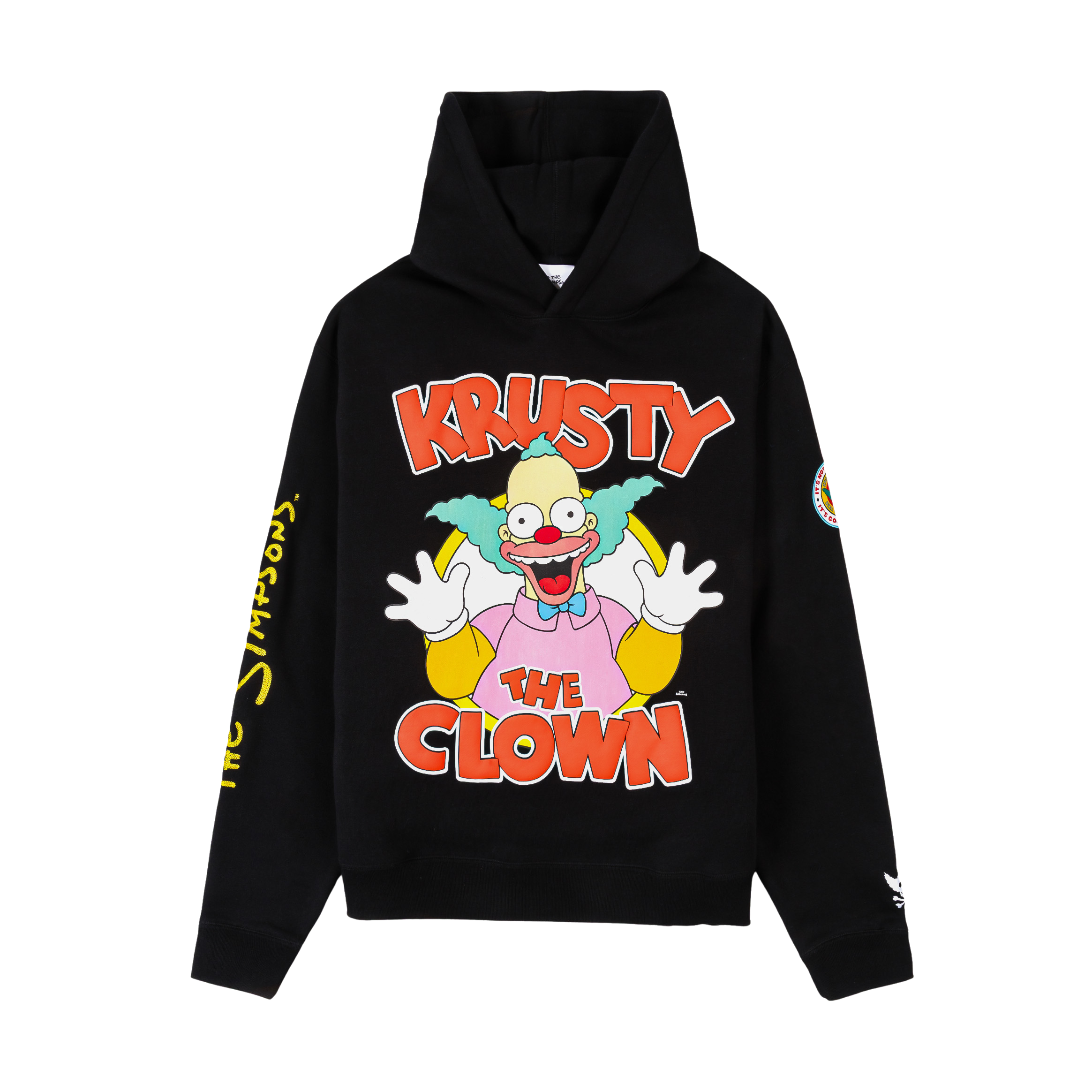 Black hoodie featuring Krusty the Clown graphic design.