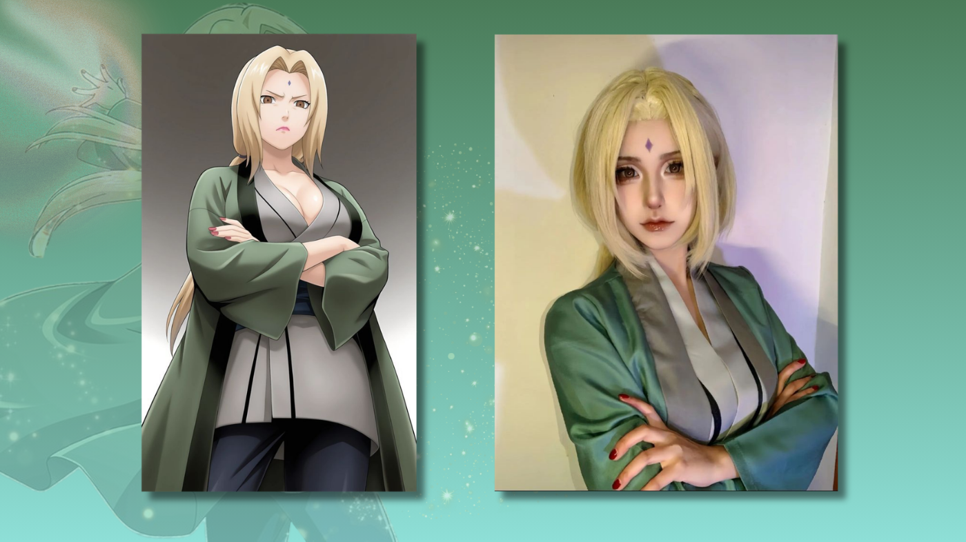 Side-by-side image of Tsunade cosplayer next to anime illustration showing accurate Naruto Fifth Hokage cosplay transformation