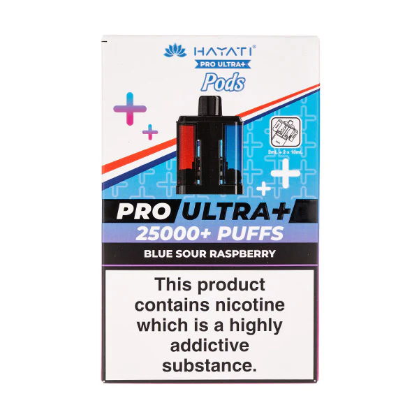 Packaging for the Hayati Pro Ultra Blue Sour Raspberry flavour