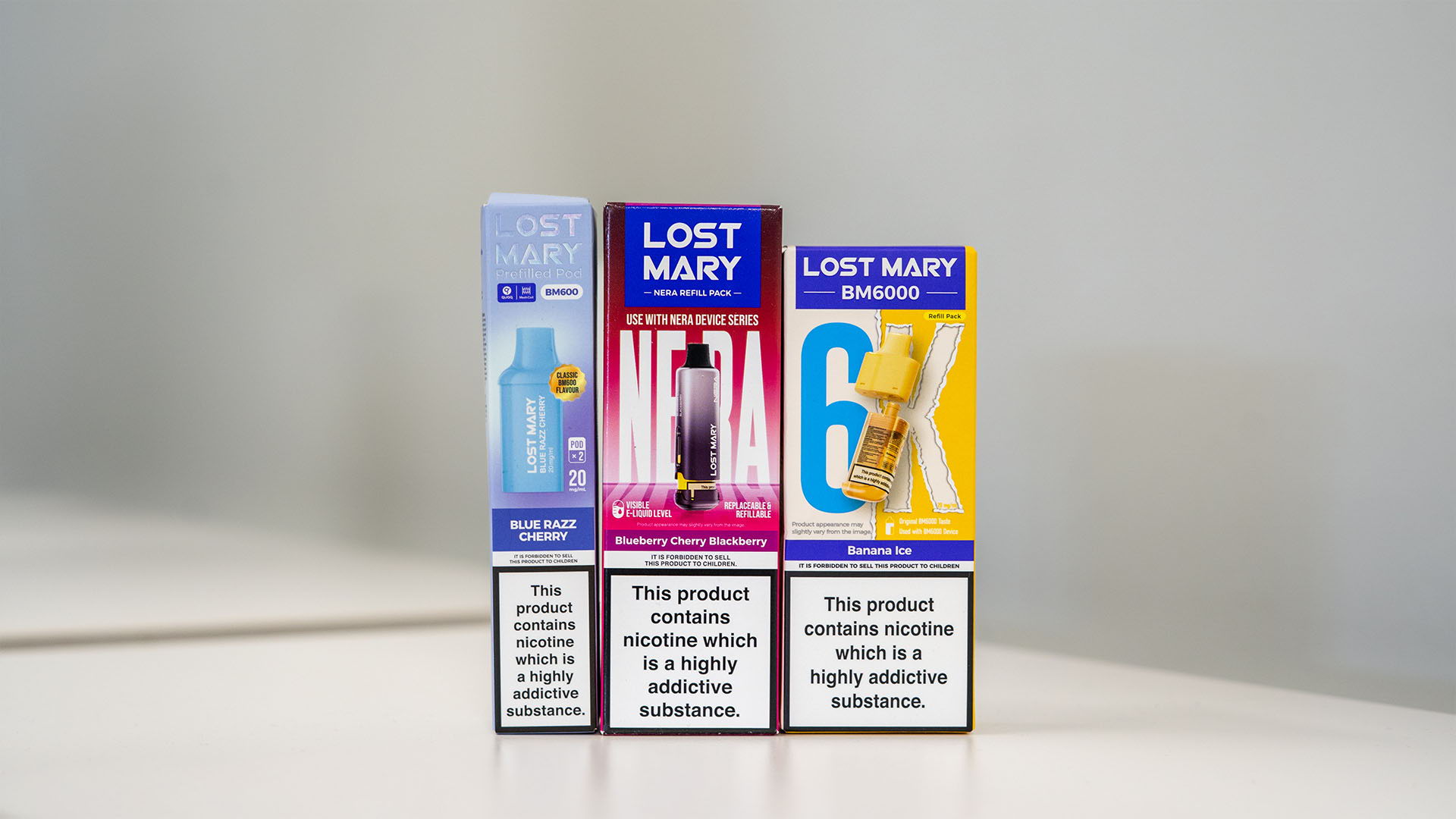 A picture of the Lost Mary prefilled pods lined up together. 