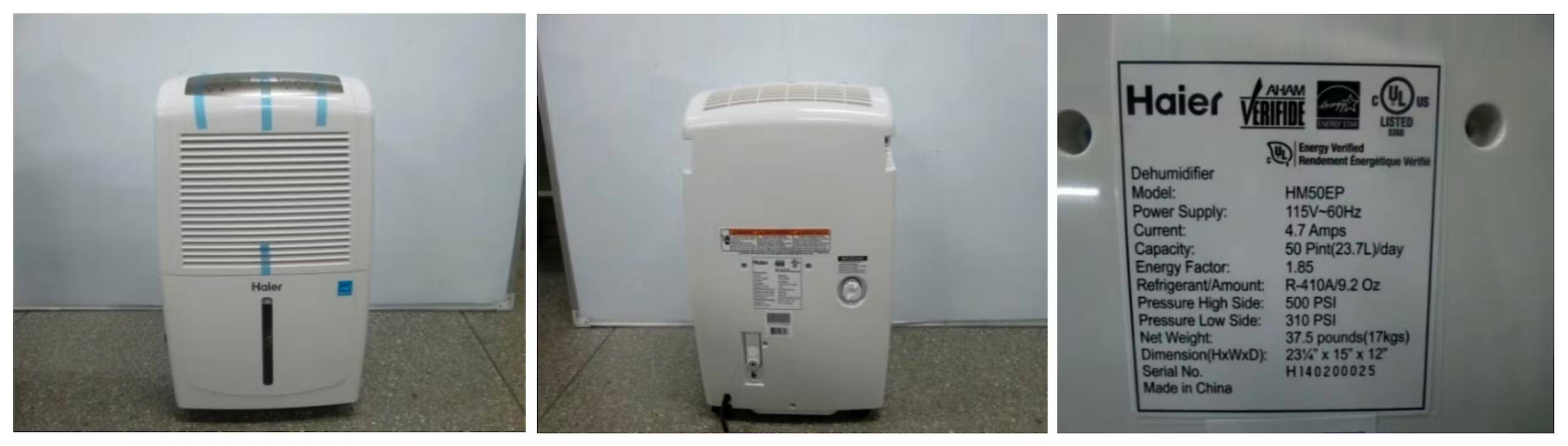 Images showing the dehumidifier front, back and product label