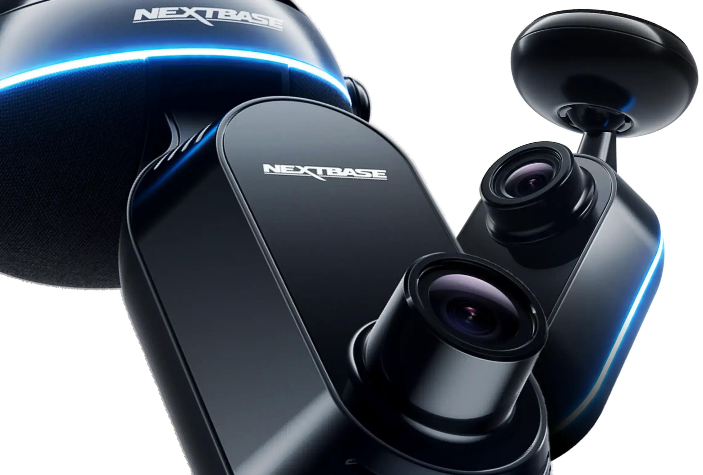Close-up of Nextbase dashcam with dual lenses and blue accents.