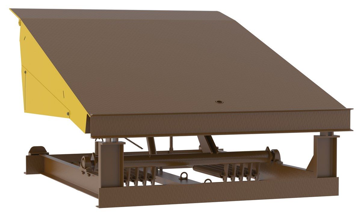Brown mechanical dock leveler with a yellow top