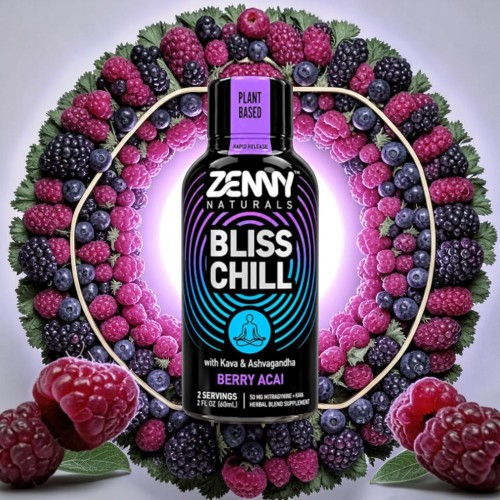 Bottle of Zenny Bliss Chill surrounded by berries.