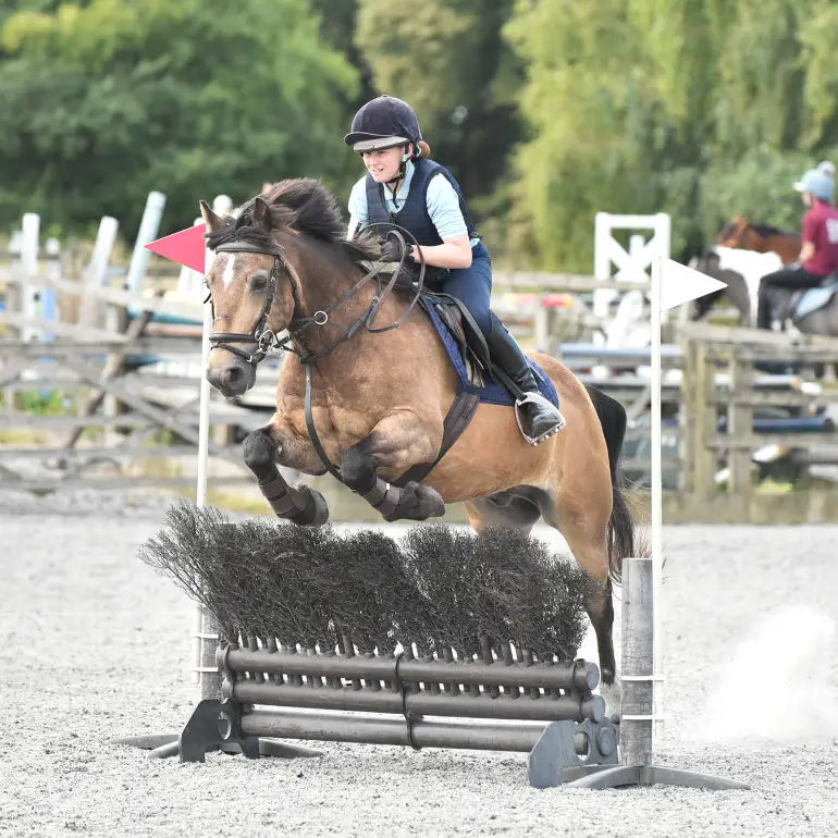 A rider on a horse jumping over an obstacle in an equestrian event.