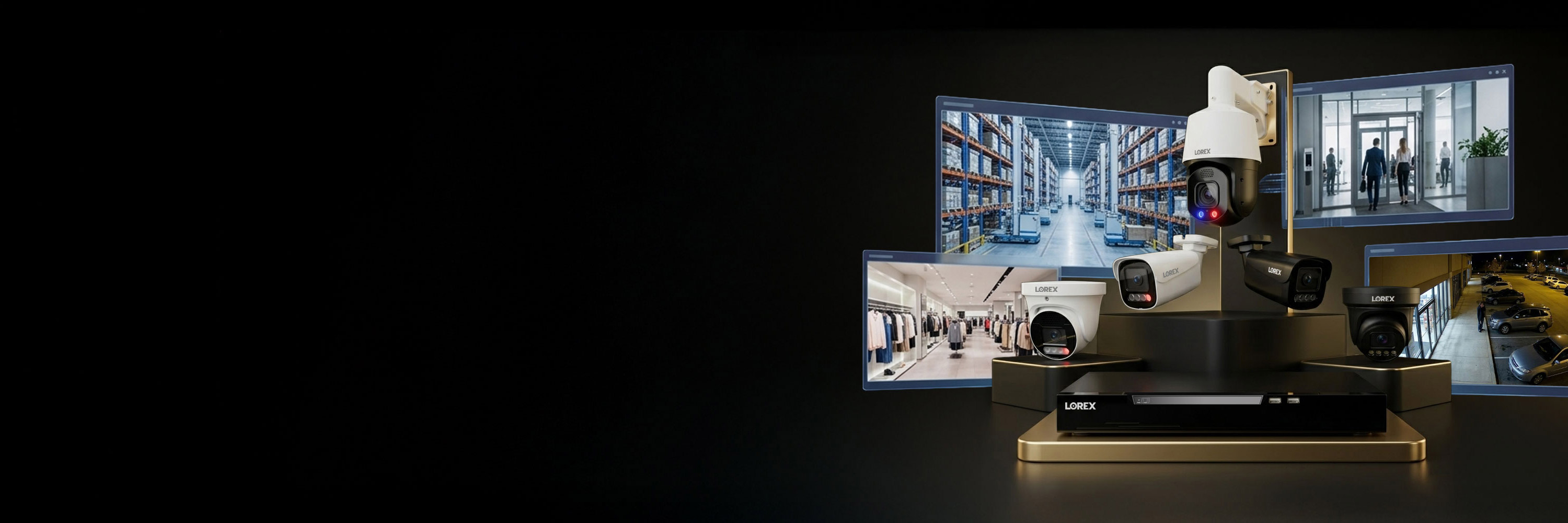 Lorex business security cameras and NVR system with screens showing warehouse, retail, office, and parking lot surveillance footage