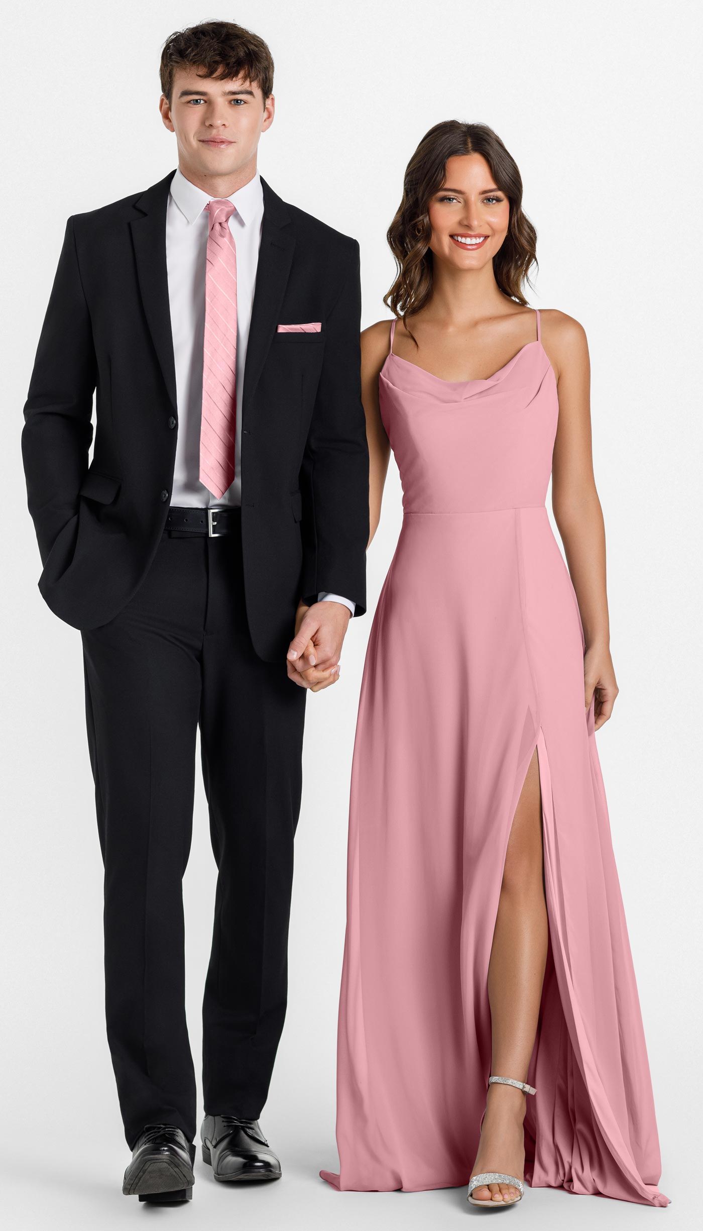 Black suit with blossom bridesmaid dress