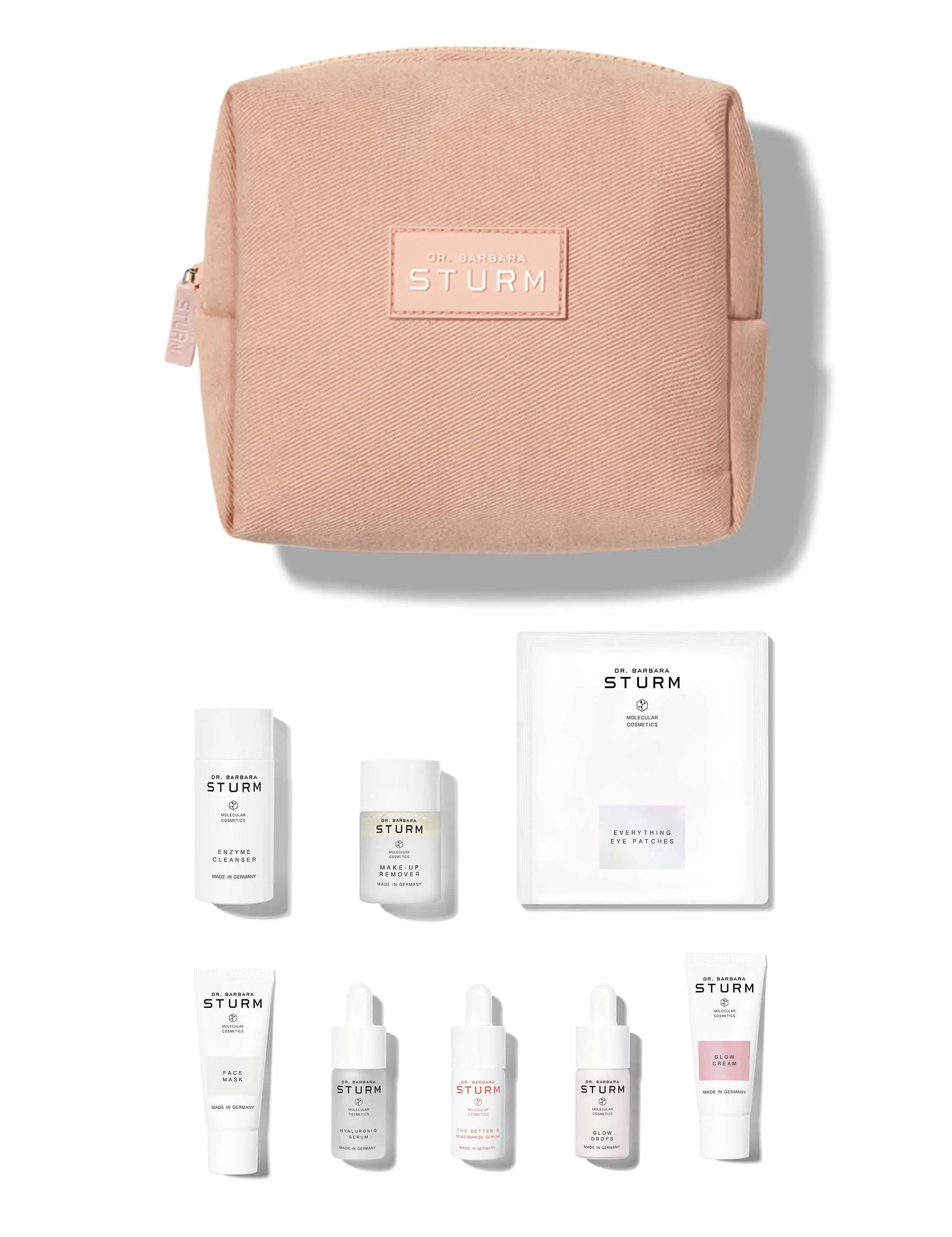 Cosmetic bag with skincare products arranged neatly.