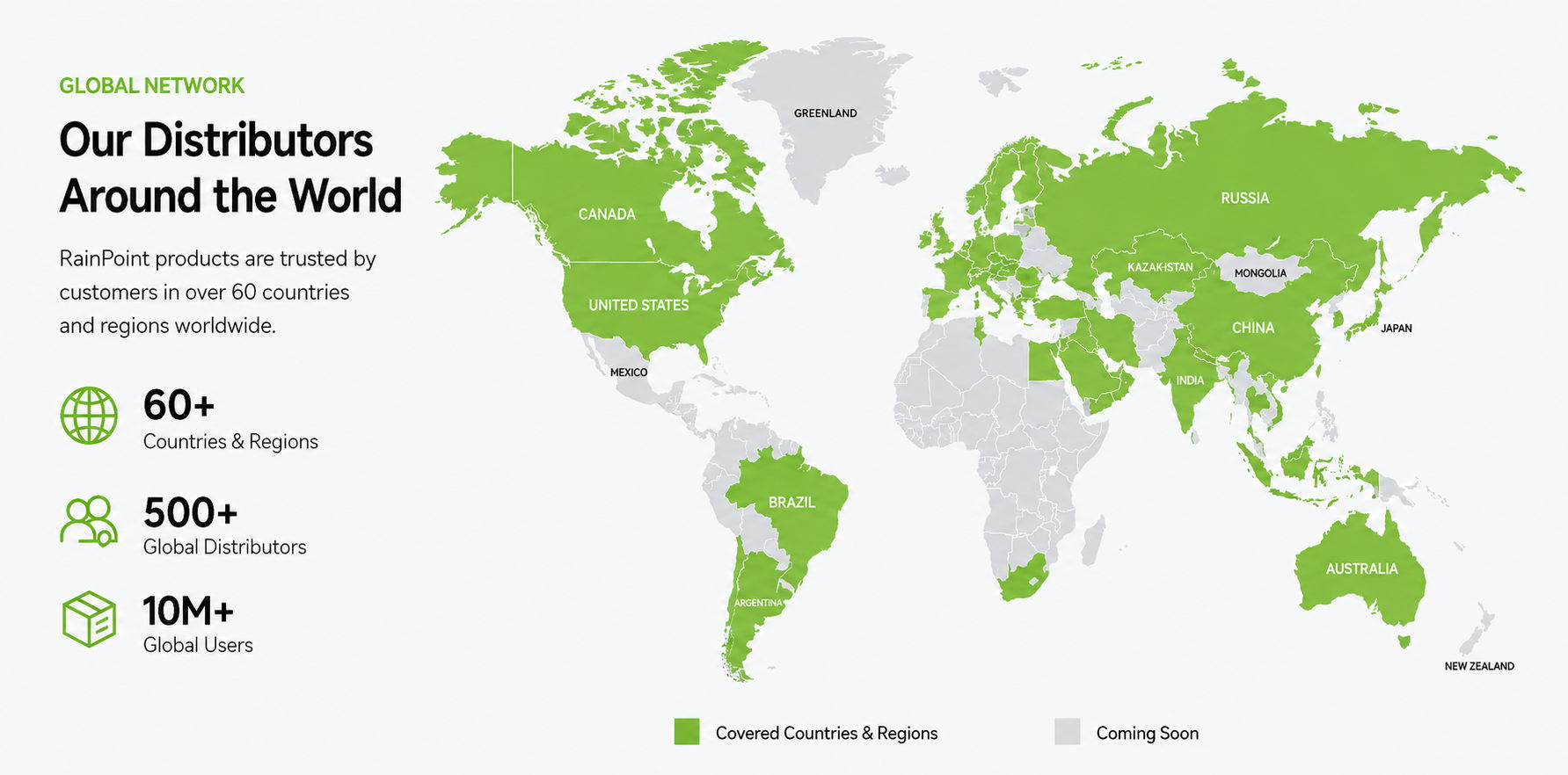 World map highlighting distribution locations in green.