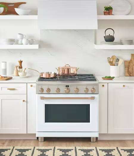 matte white 36 inch range with white cabinets