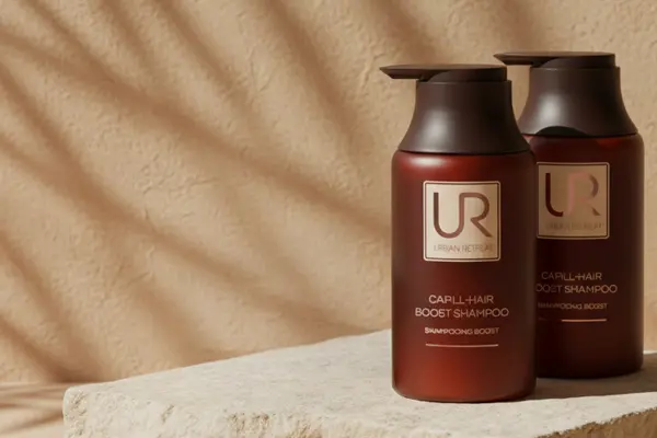 Urban Retreat hair products on a textured surface with shadows.