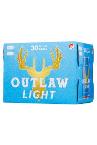 Outlaw Light beer packaging with antlers and blue background.