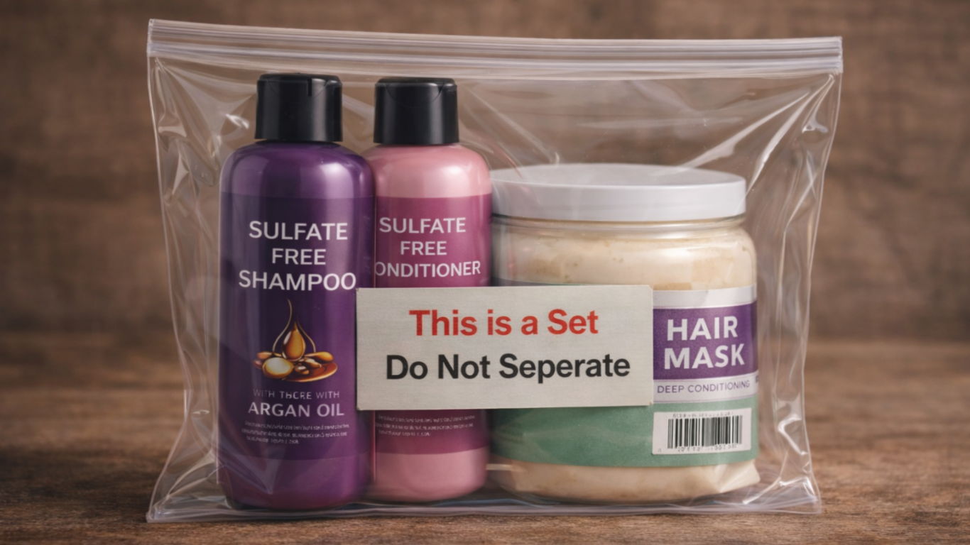 Bundled hair care products in a clear polybag for Amazon FBA