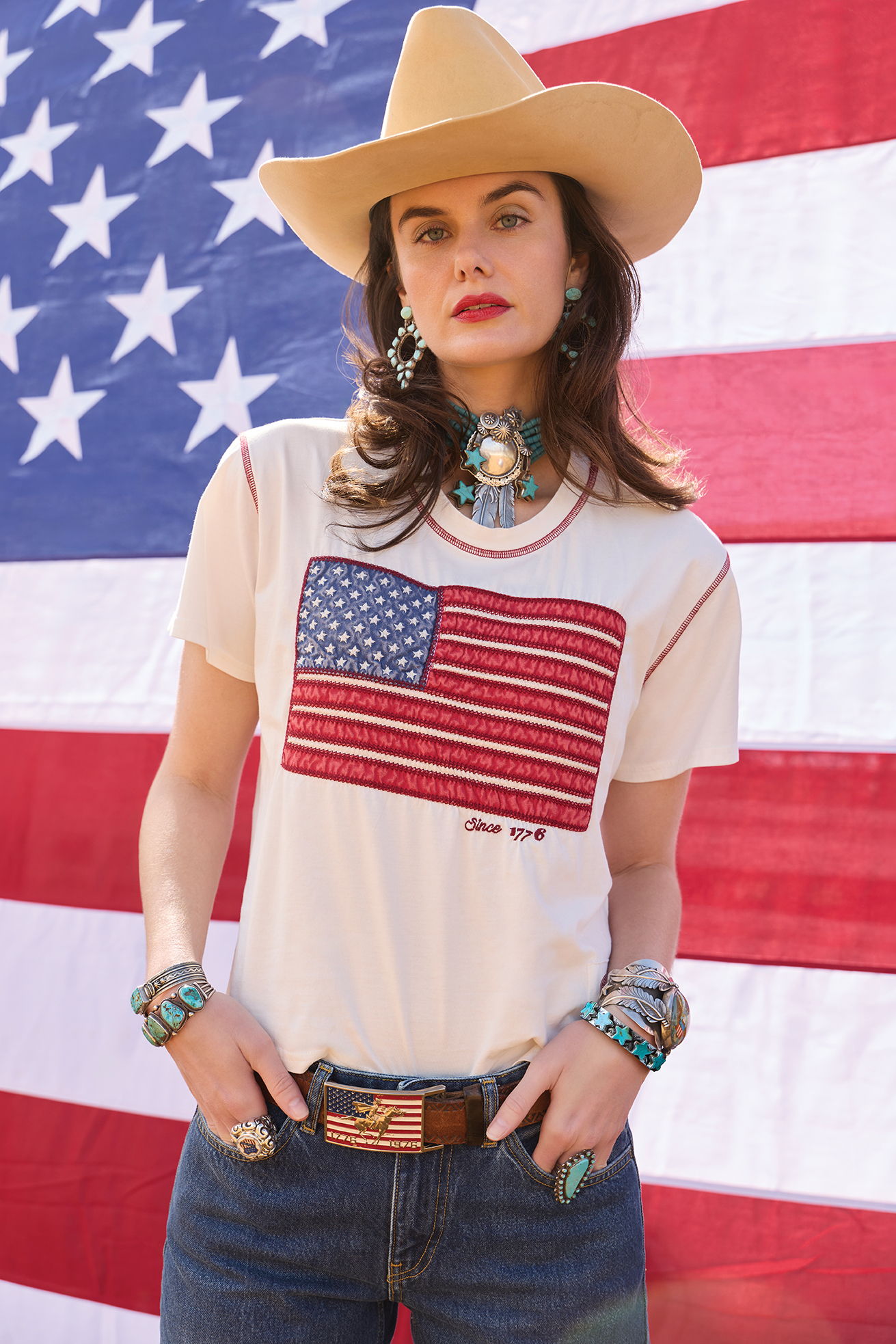 Kaylin wearing the Voices of Liberty top with Double D Ranch jewelry and accessories.