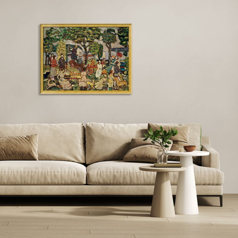 A cozy living room with a colorful artwork above the sofa.