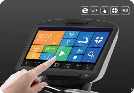 Touchscreen interface with various fitness options and controls.