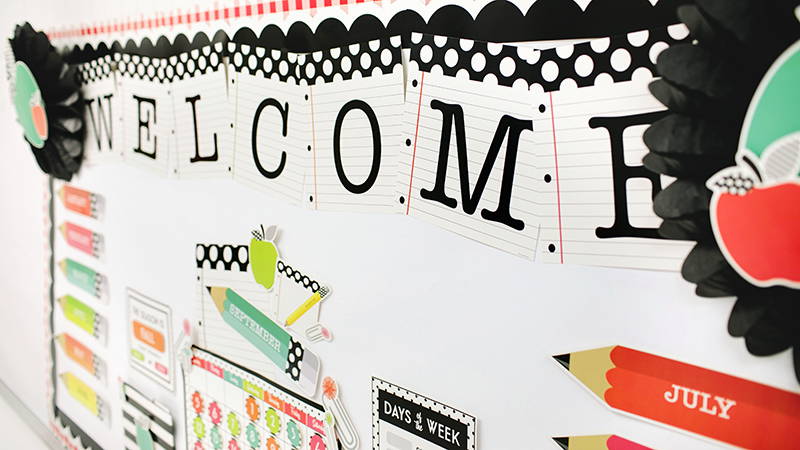 Classroom display filled with Black, White & Stylish Brights Welcome and Calendar Bulletin Board Set